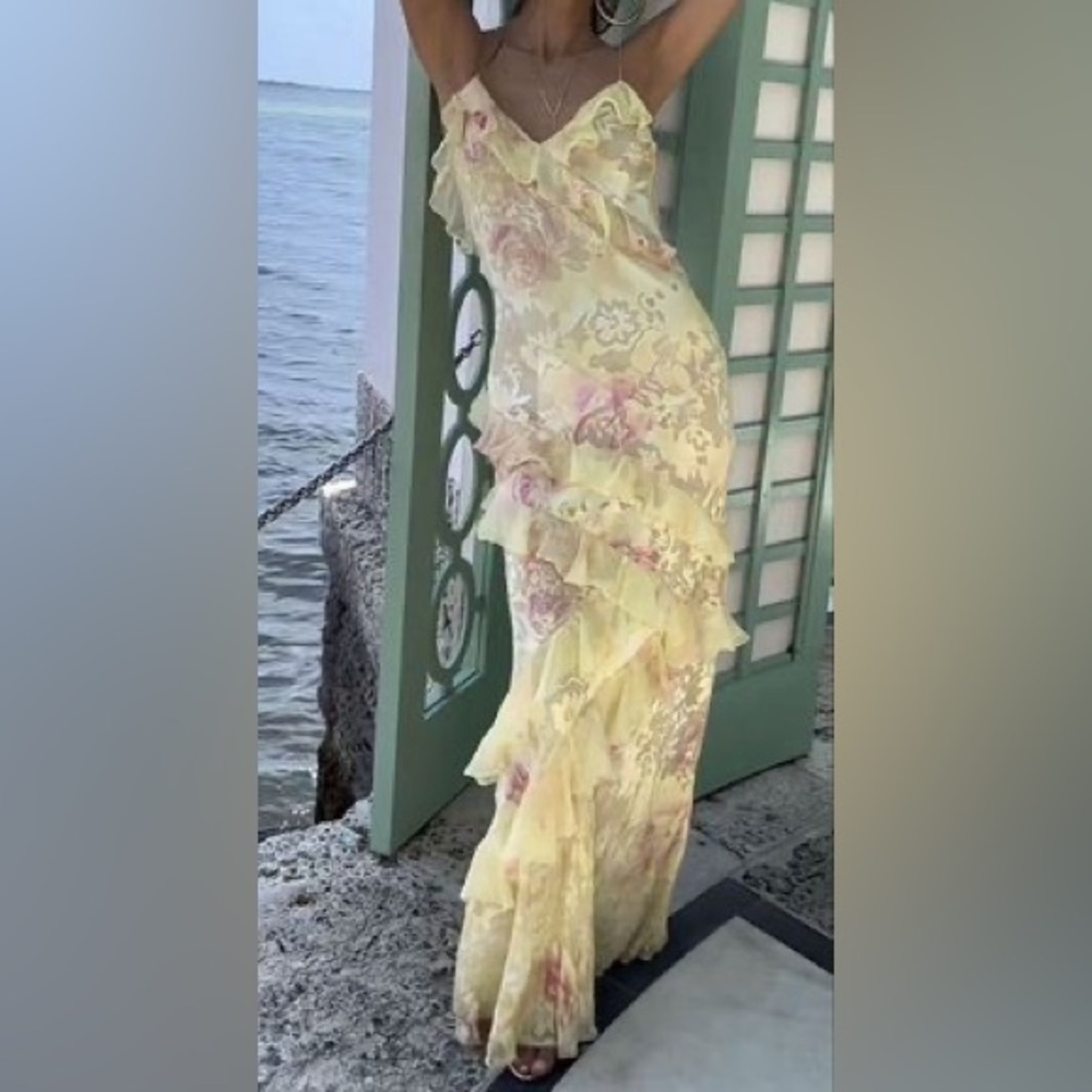 Pastel floral maxi dress ruffle embroidered butter heirloom print rialto summer